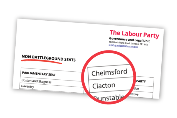 A document from Labour Party HQ showing 'non battleground seats'. Chelmsford is on the list.