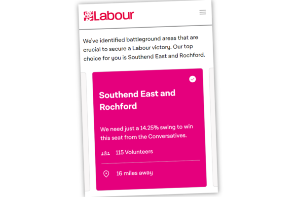 Labour party website directing Labour supporters in Chelmsford to volunteer in Southend East and Rochford.