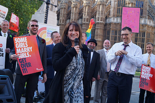 Lynn Featherstone speaks outside parliament following the legalisation of same-sex marriage in the UK.
